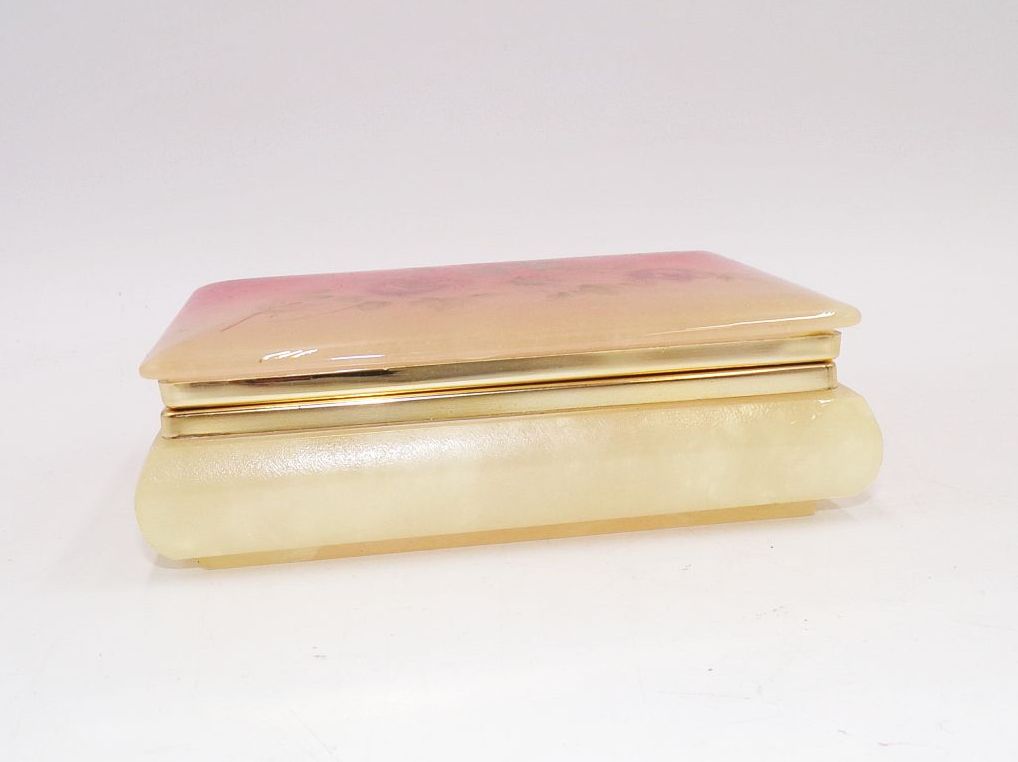 Alte Dose Alabaster Rosen Motiv Schmuckschatulle Box Deko 
