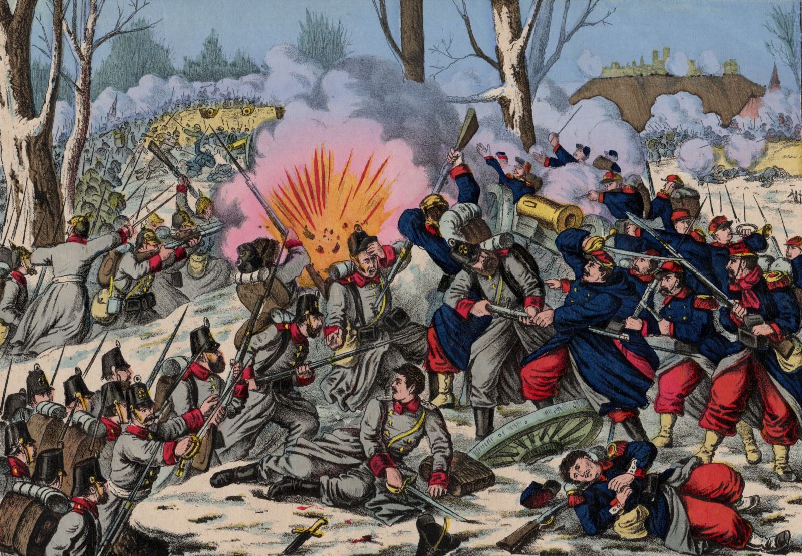 Kolorierte Lithografie Die Schlacht bei Belfort um 1870 Munkel Dresden