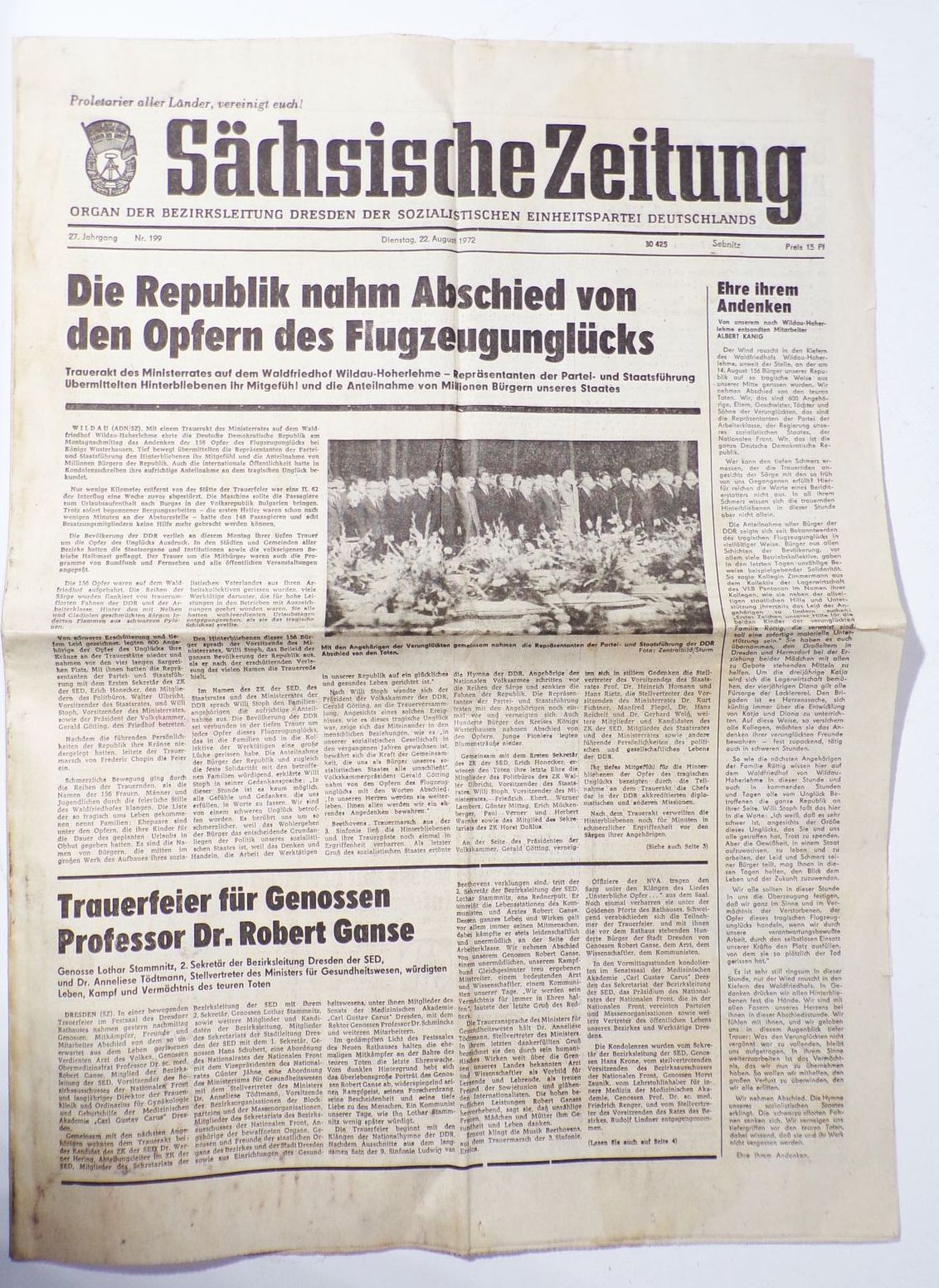 Sächsische Zeitung Nr 199 August Flugzeugunglück Absturz 1972 DDR Unglück