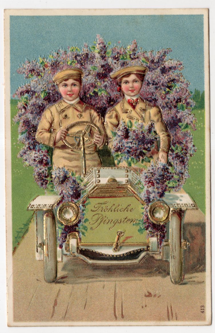 Präge Litho Ak Blumen Automobil gold geprägt Fröhliche Pfingsten 1910
