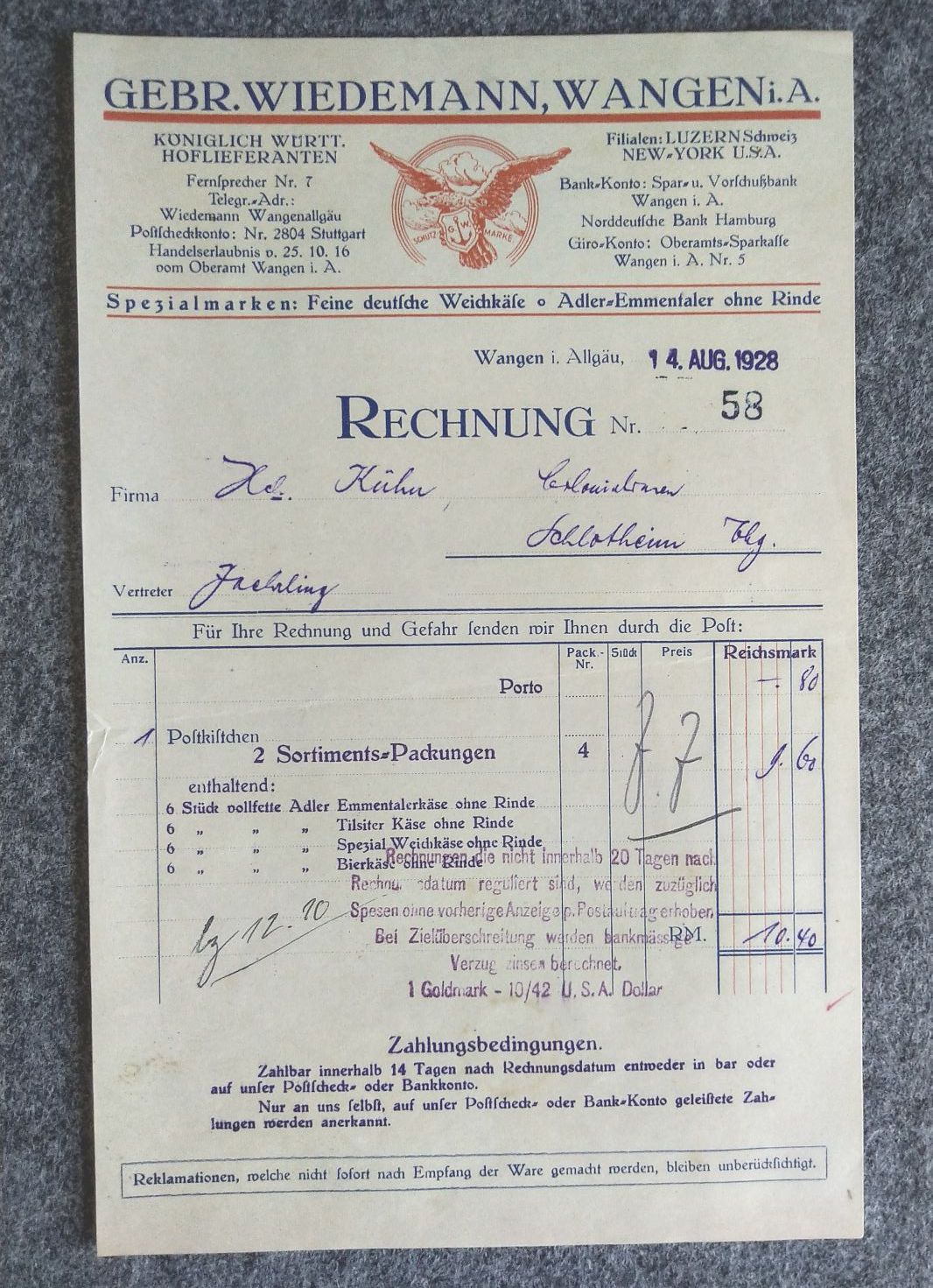 Rechnung Gebrüder Wiedemann Wangen 1928 Rechnung Gebrüder Wiedemann Wangen 1928
