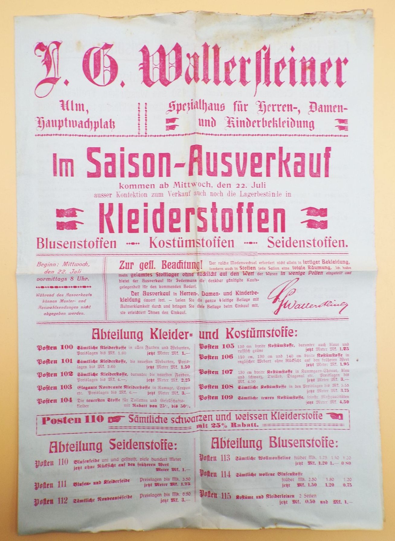 Werbung Wallersteiner Ulm Stoffe Mode Kleidung um 1900 