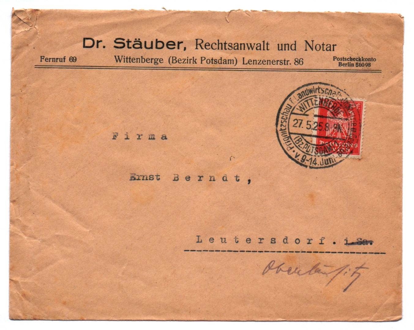 Brief Dr Stäuber Rechtsanwalt und Notar Wittenberge 1925 Brief Dr Stäuber Rechtsanwalt und Notar Wittenberge 1925