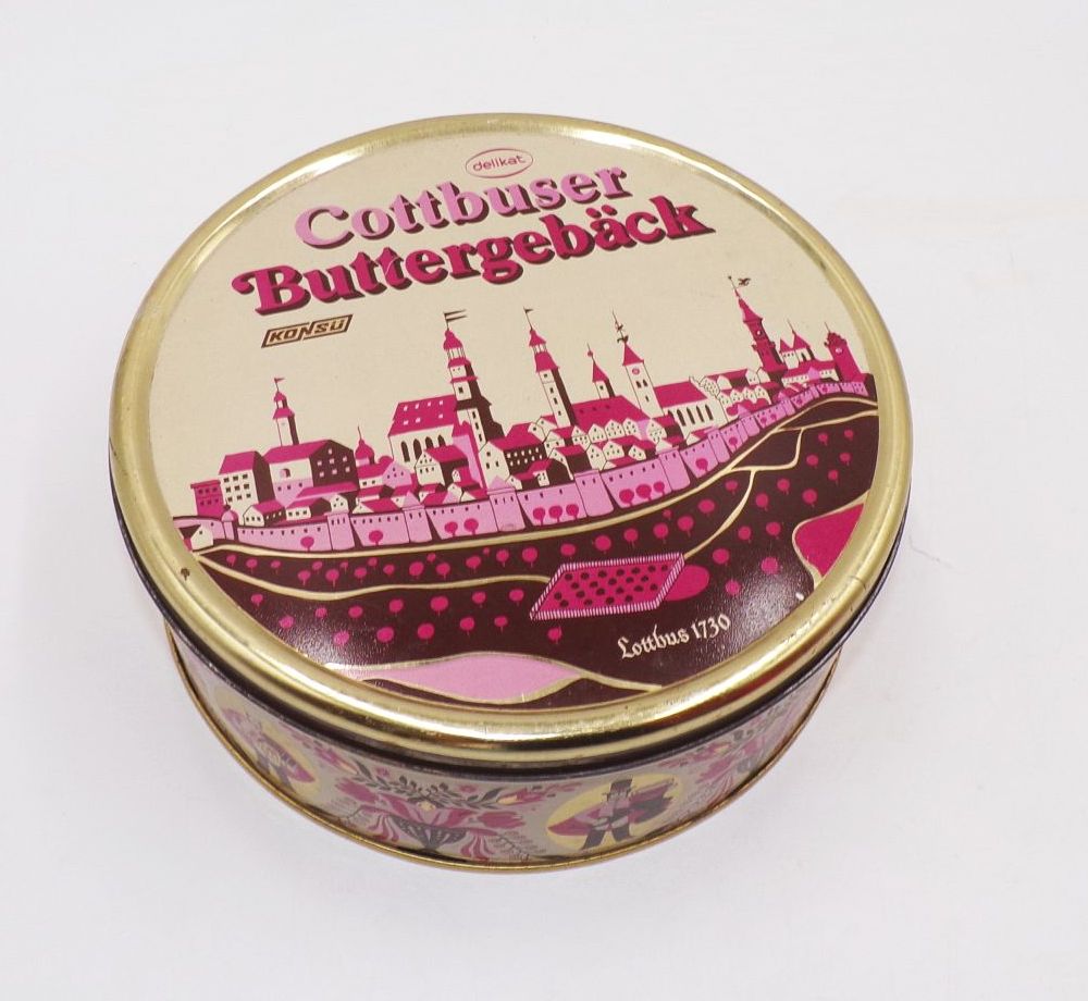 Alte Blechdose Cottbuser Buttergebäck Keksdose Delikat DDR Reklame