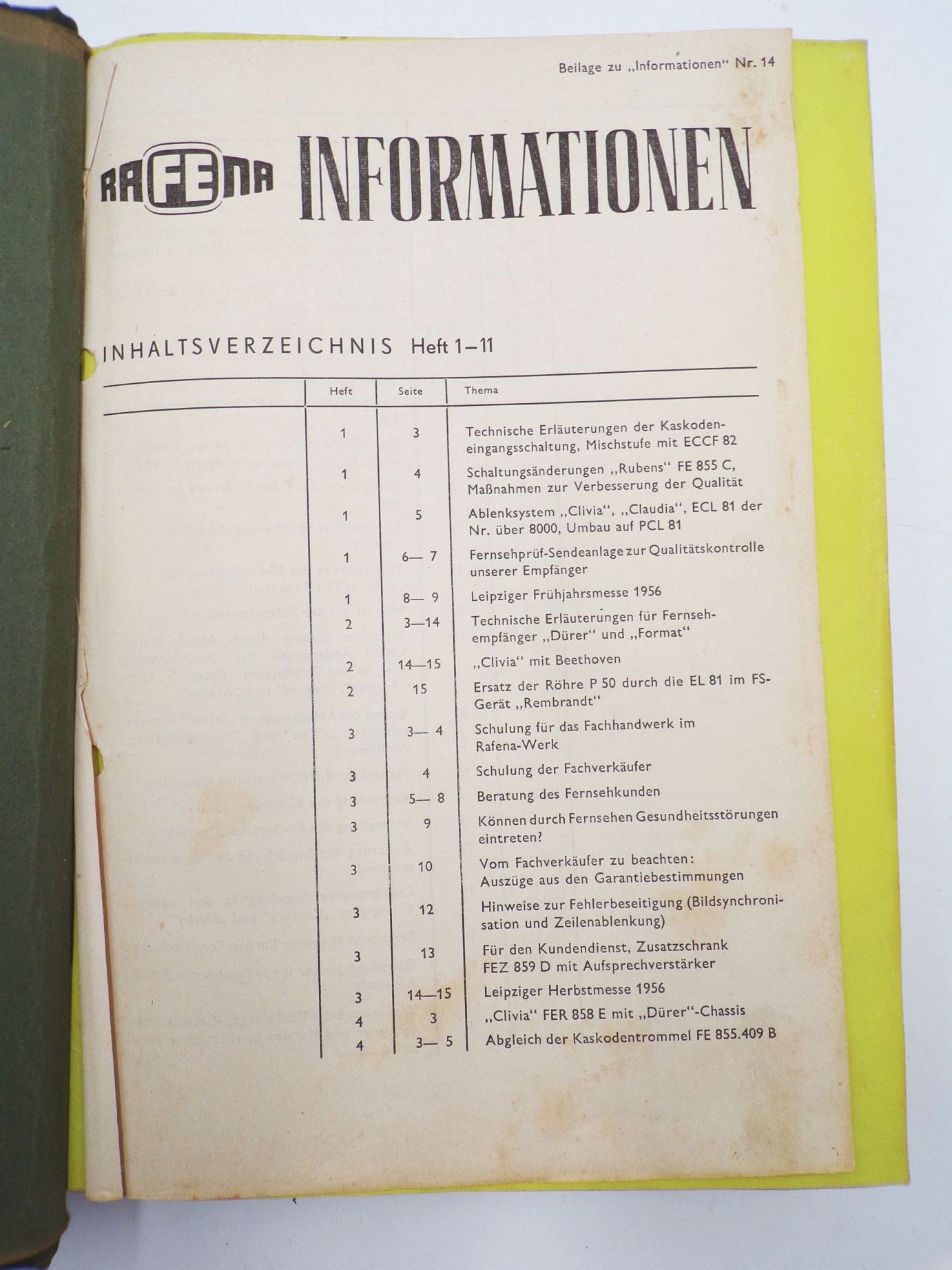 Rafena Information für den Fernseh Kundendienst ab 1956 DDR