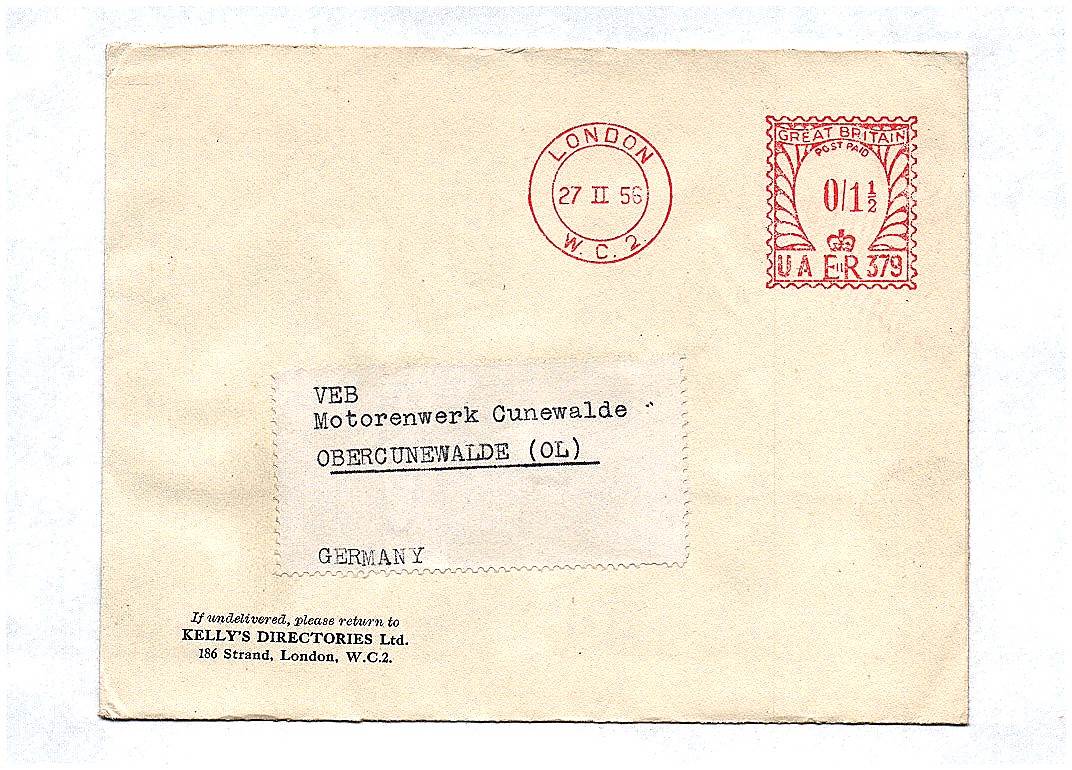 Brief 1956 von London an VEB Motorenwerk Cunewalde O L Sachsen