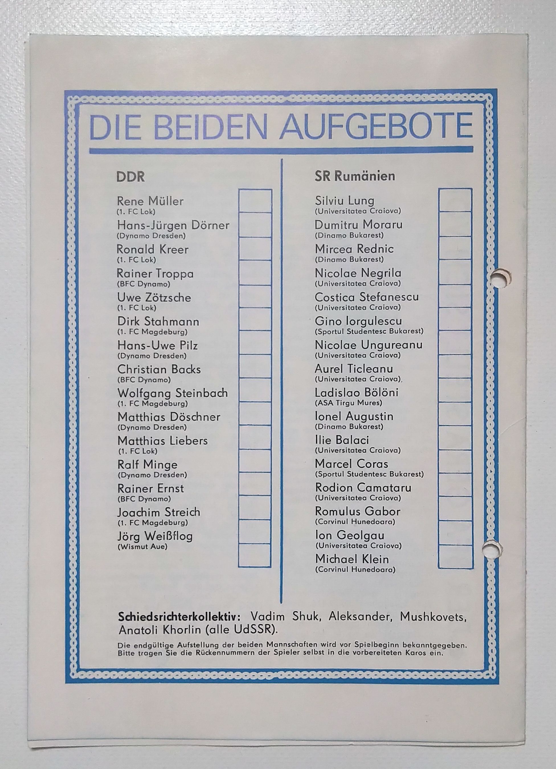 Fußball Programmheft Fußballländerspiel DDR - Rumänien 1984
