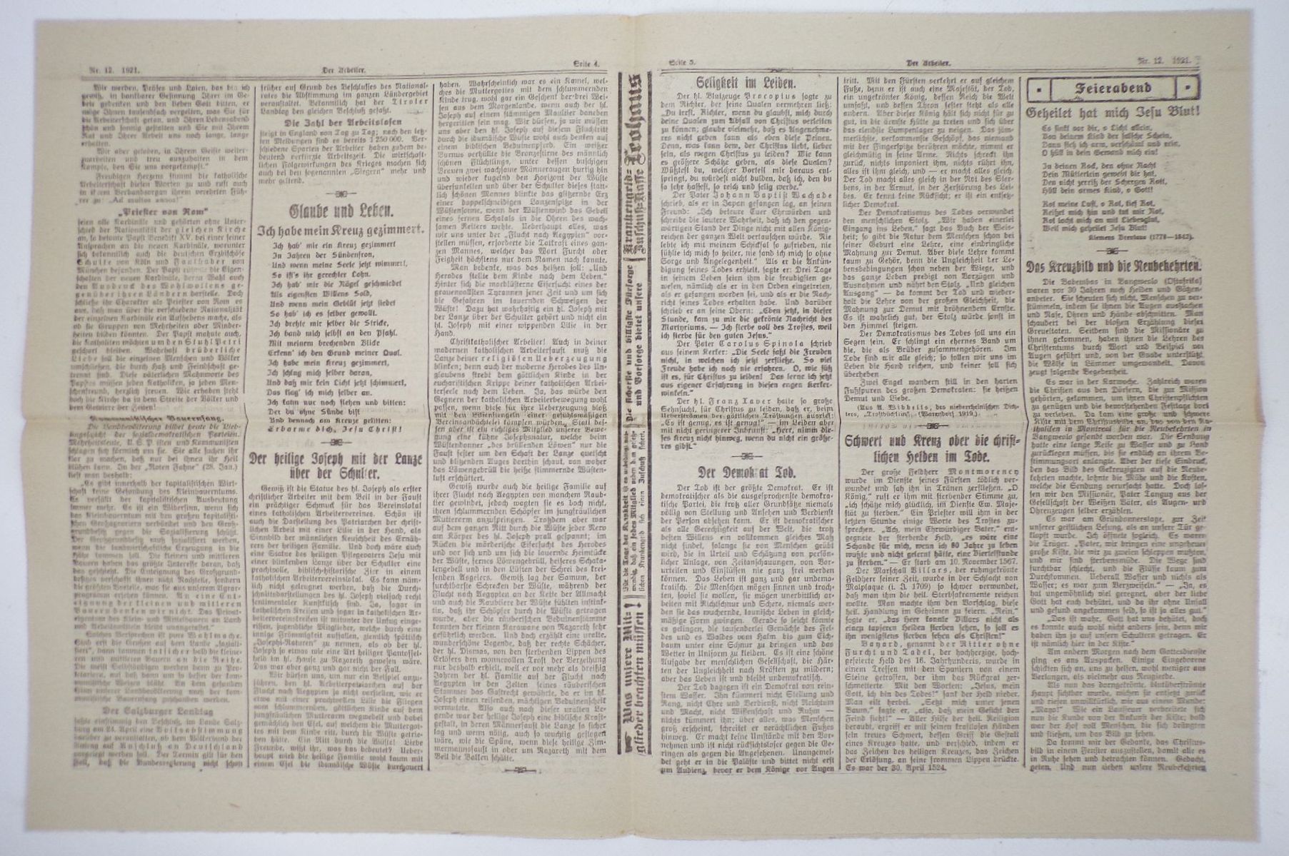 Alte Zeitung Der Arbeiter süddeutscher katholischer Arbeiterverein 12 von 1921 