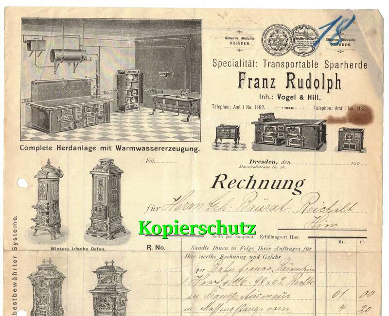 Litho Rechnung Franz Rudolph Öfen Herde Dresden Marschallstraße 1905 !