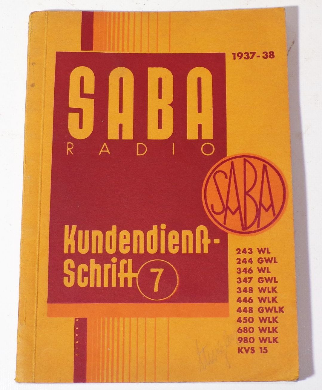 Saba Radio Kundendienst Schrift 7  1937 bis 1938