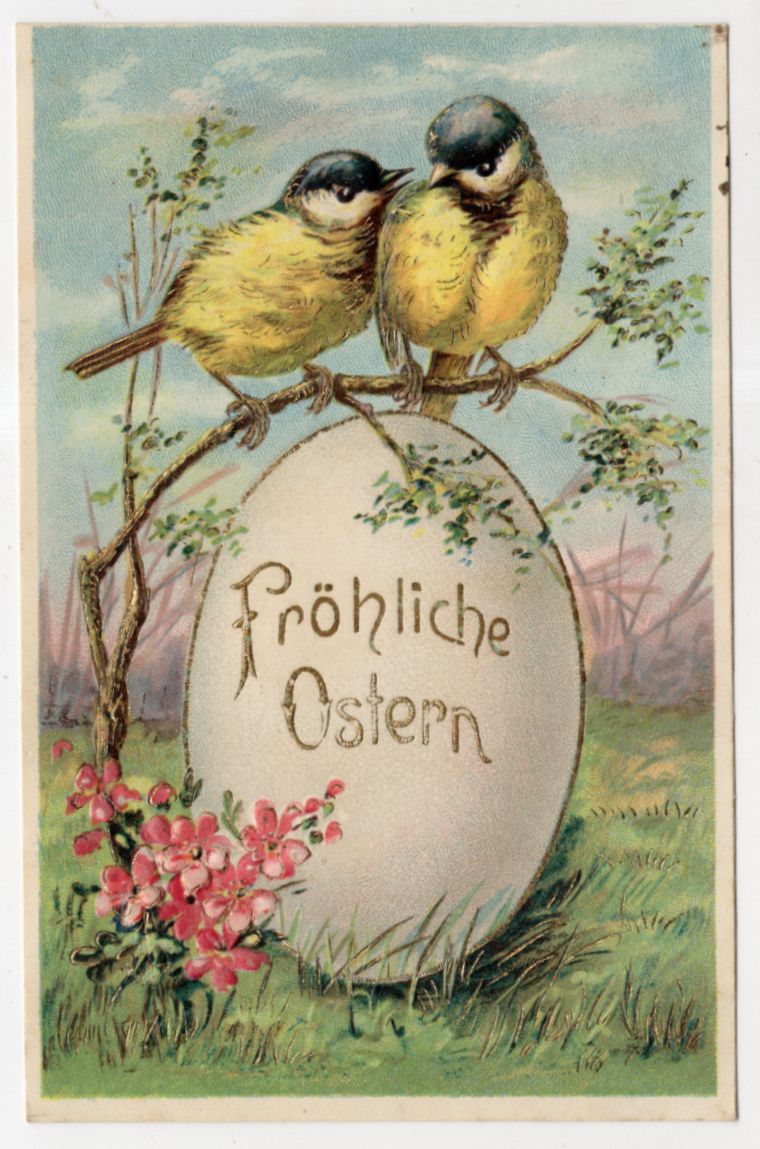 Präge Ak Blaumeisen mit Osterei Fröhliche Ostern gold geprägt 