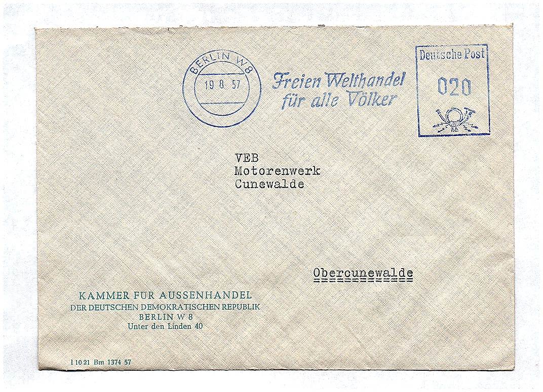 1957 Kammer für Außenhandel Berlin DDR Briefkuvert