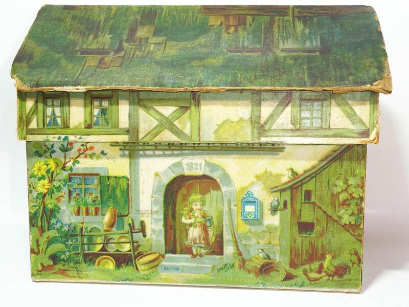 Uralte Pappdose Haus Schatulle lithografiert um 1890 Behälter Deko 