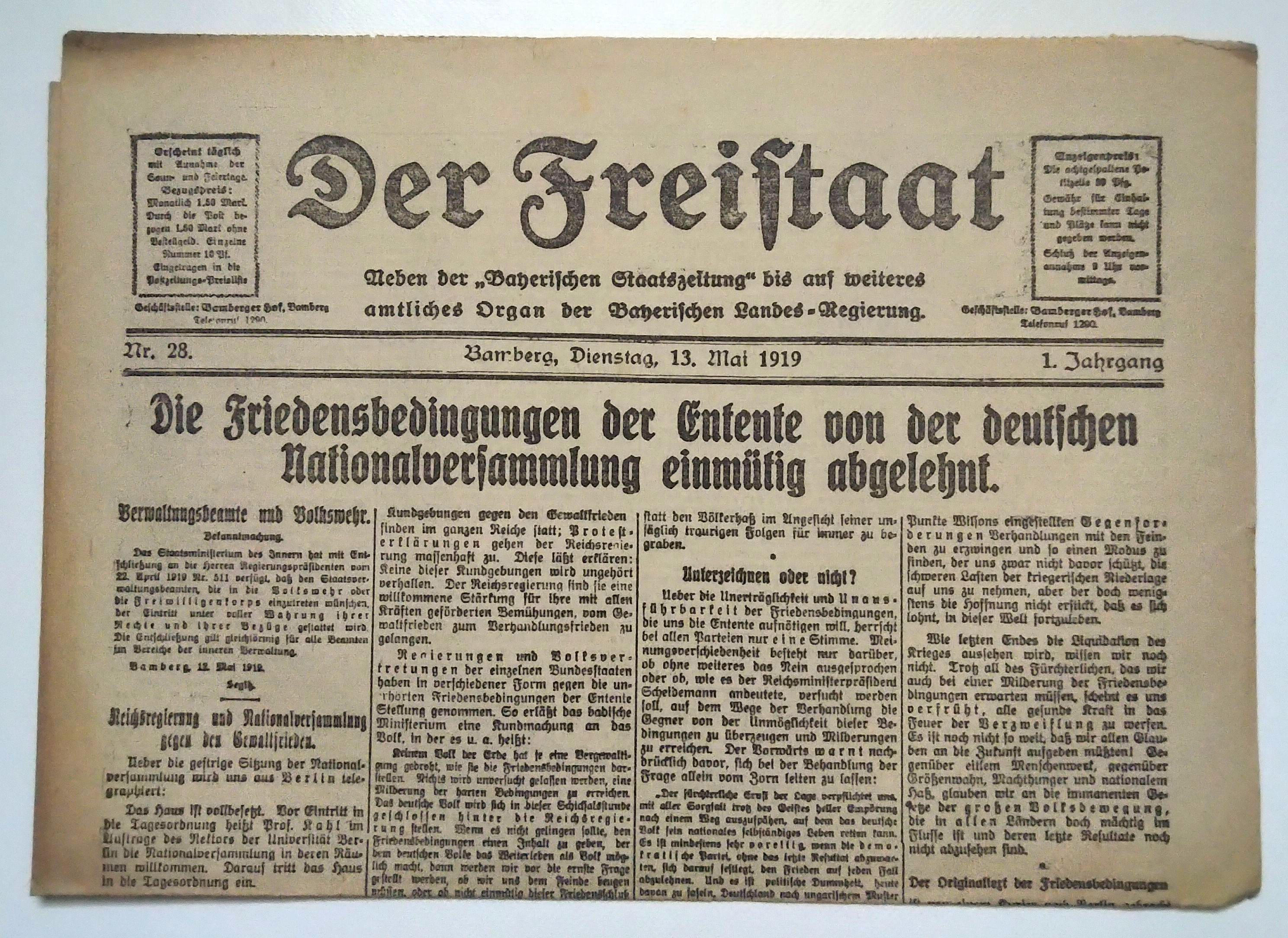Der Freistaat alte Zeitung 1919 Nr 28 Deutsche Nationalversammlung