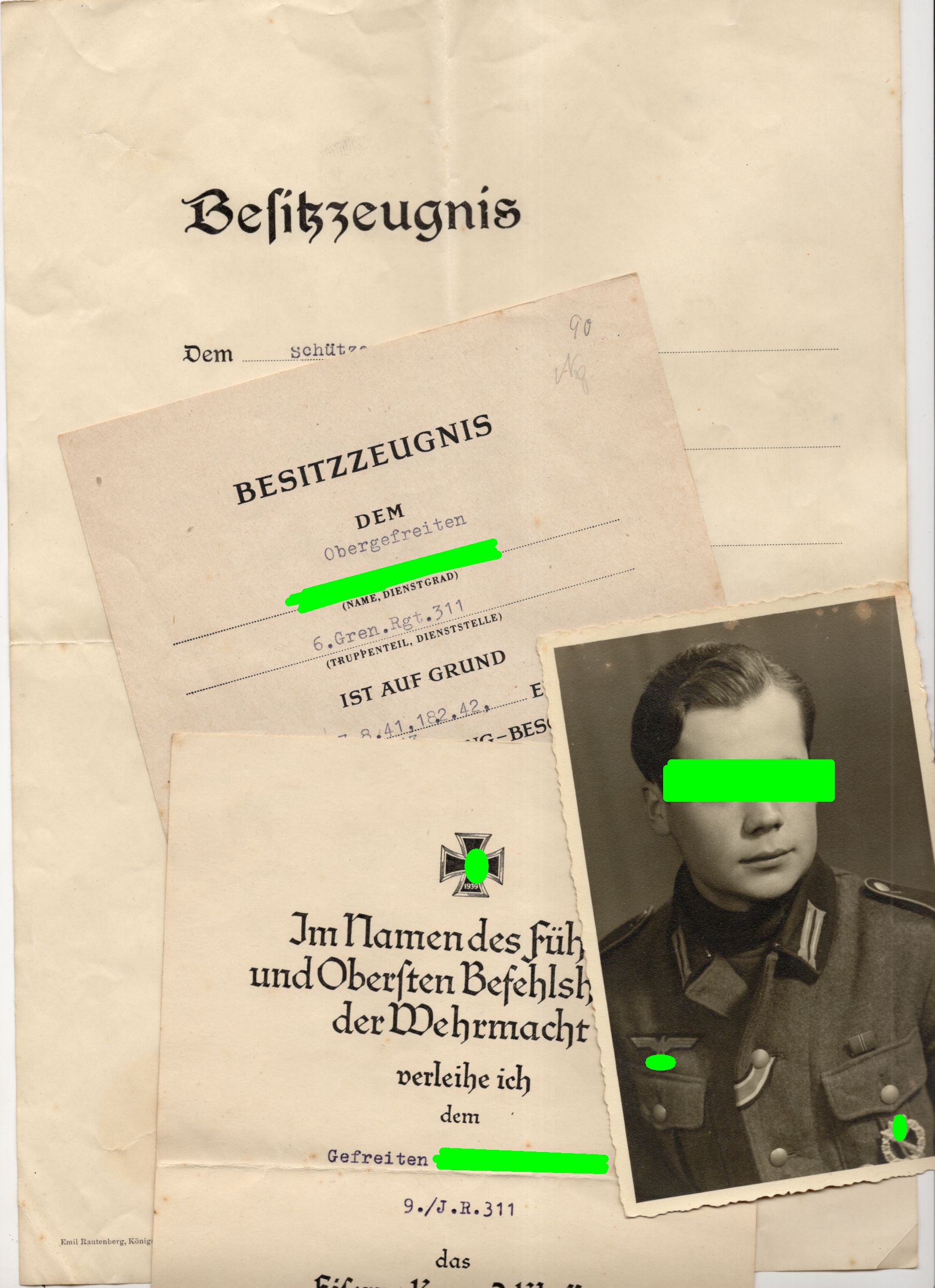 Urkunden Nachlass 2 Weltkrieg IR311 Infanterie Sturmabzeichen Eisernes Kreuz 2 Klasse Verwundetenabzeichen 