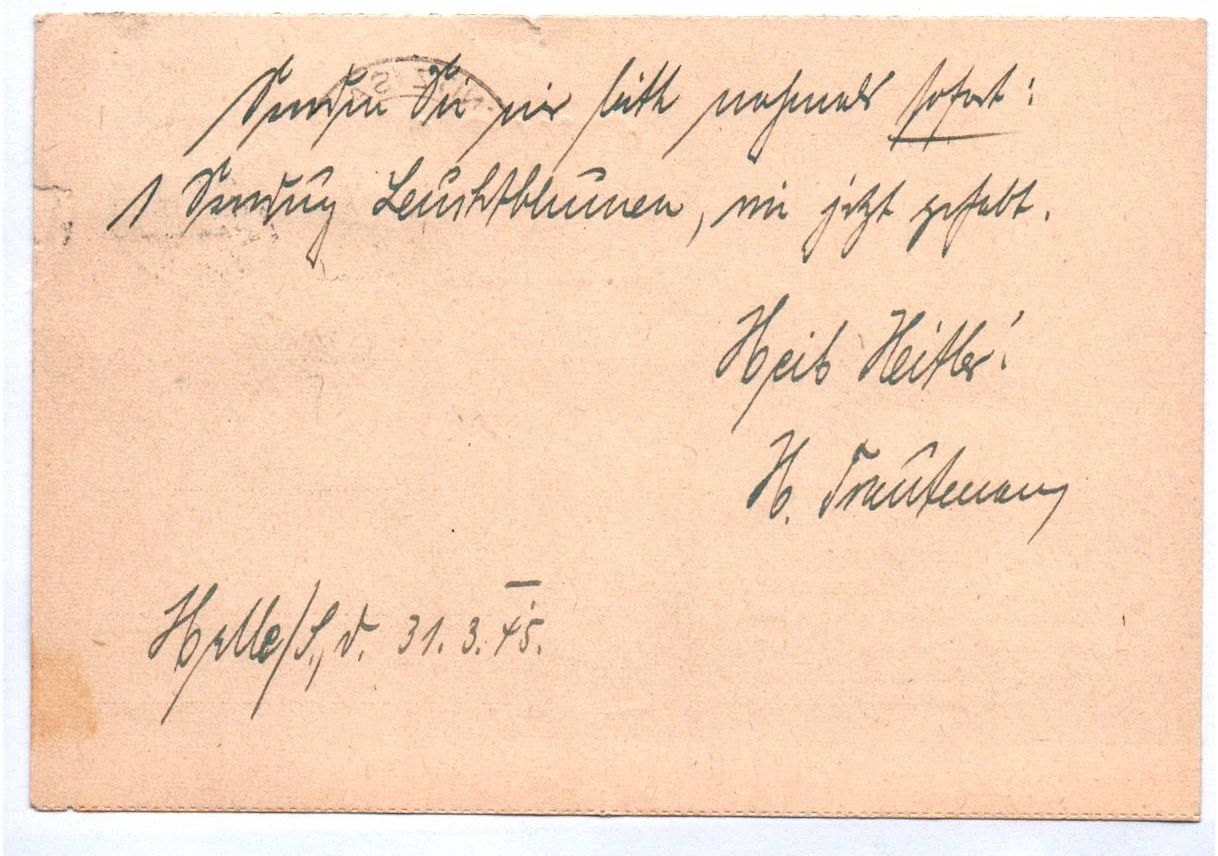Firmen Postkarte Blumenhaus Trautmann Halle Saale 1945 nach Sebnitz 
