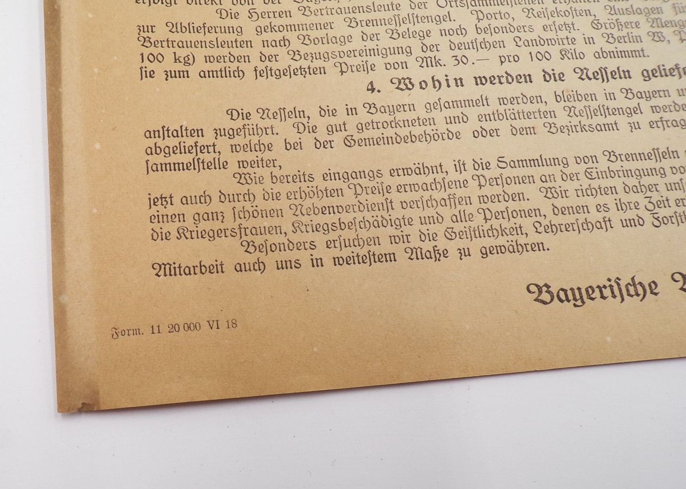 Aushang Flugblatt Sammelt Brennnessel Baumwolle ersetzen 1 Wk WW1