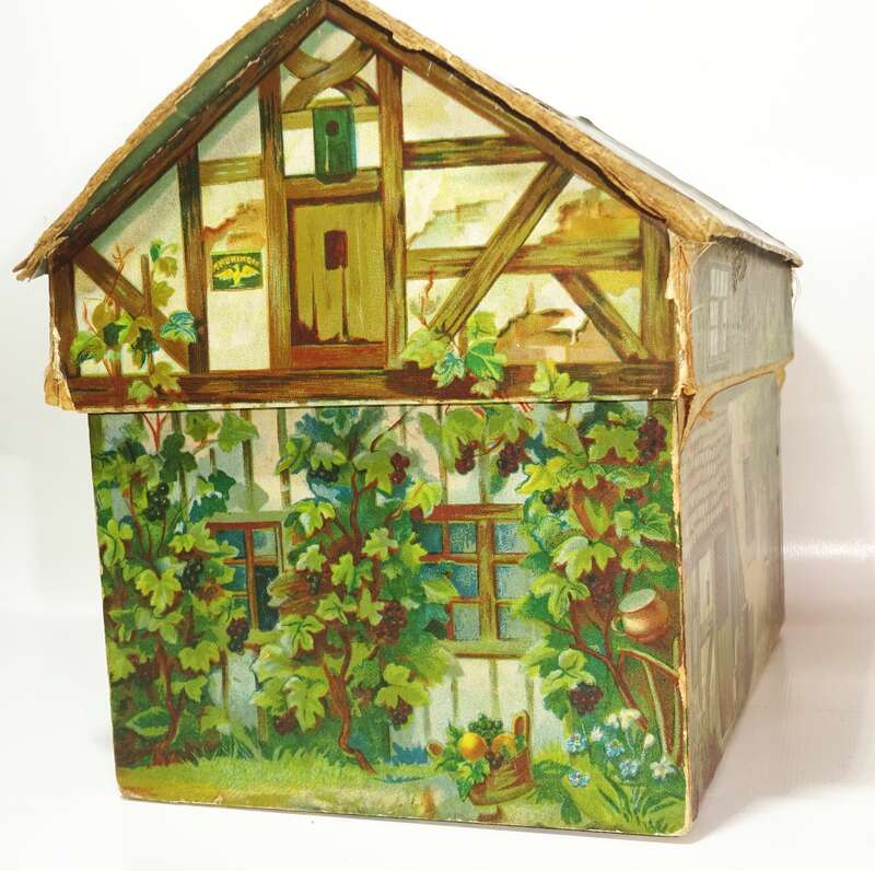 Uralte Pappdose Haus Schatulle lithografiert um 1890 Behälter Deko 