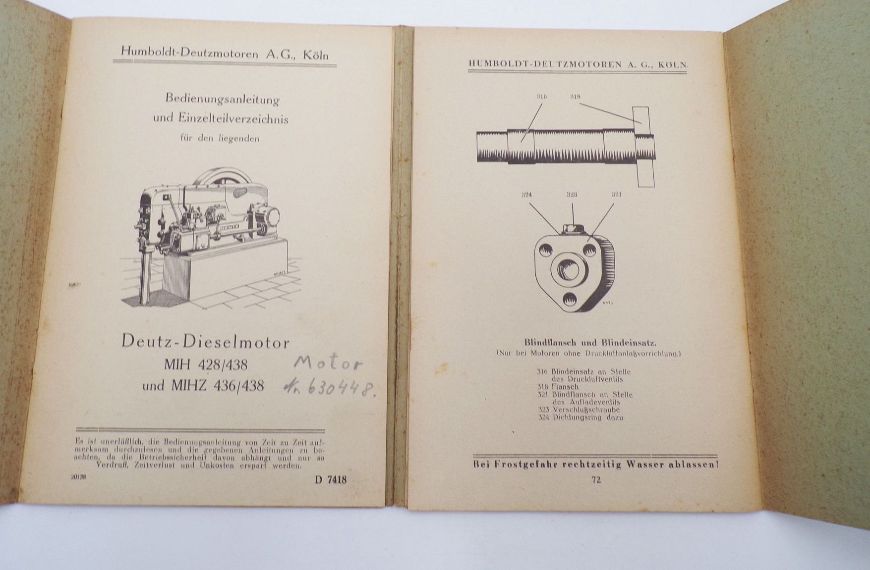 Bedienungsanleitung Einzelteilverzeichnis Deutz Dieselmotor