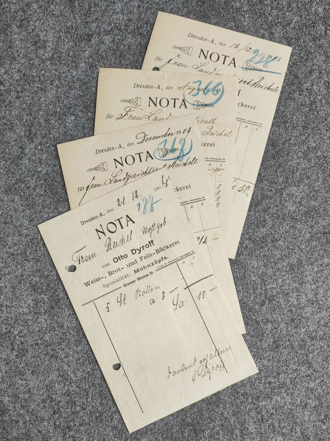 4 alte Quittungen 1907 1908 1909 NOTA Bäckerei Dresden 4 alte Quittungen 1907 1908 1909 NOTA Bäckerei Dresden