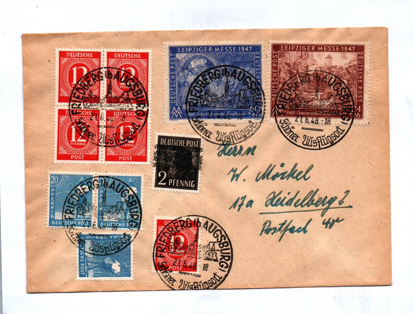 Brief 1948 Friedberg Bayern Augsburg Mischfrankatur