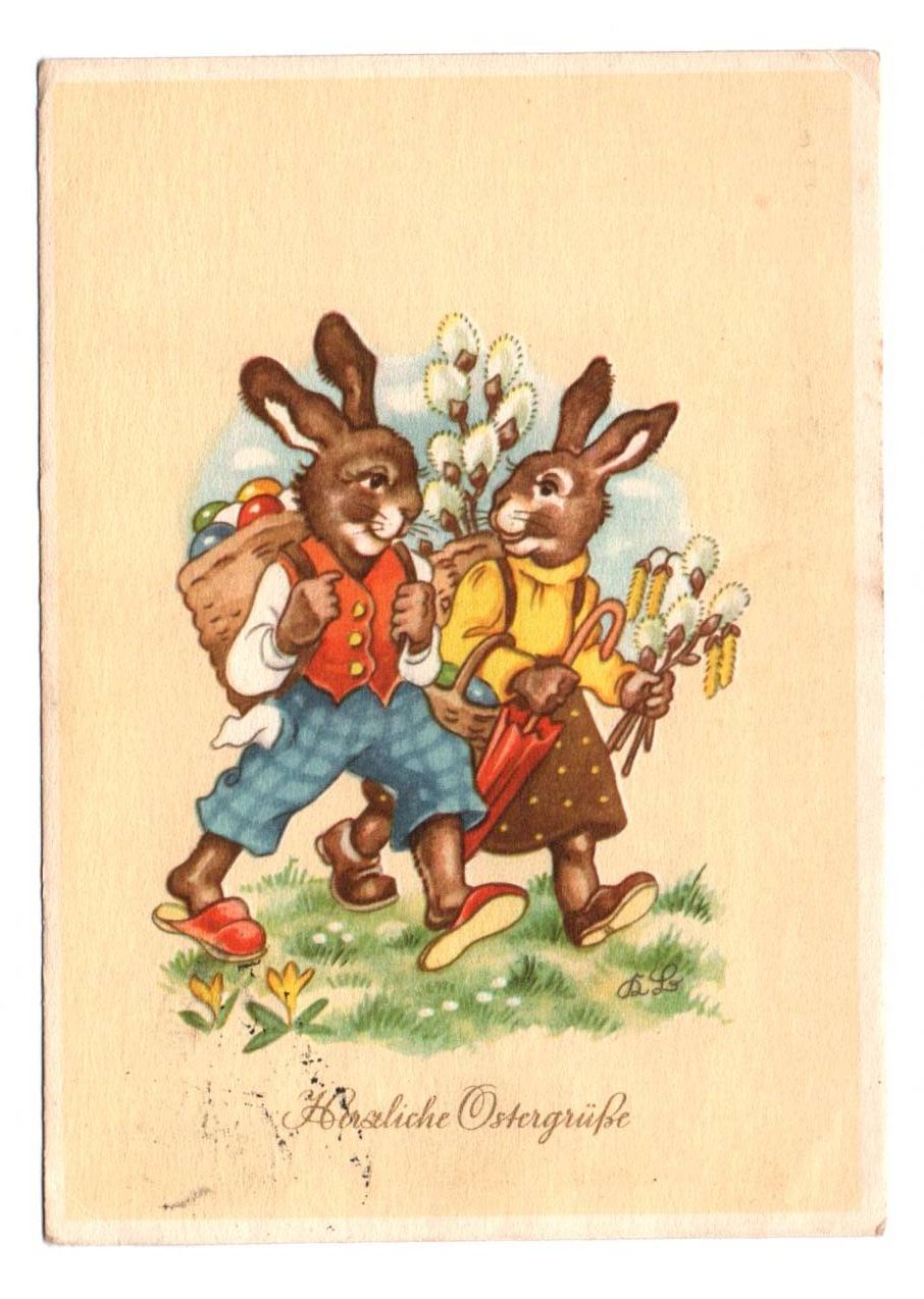 Künstler Ak vermenschlichte Hasen wandern Herzliche Ostergrüße 1959 signiert