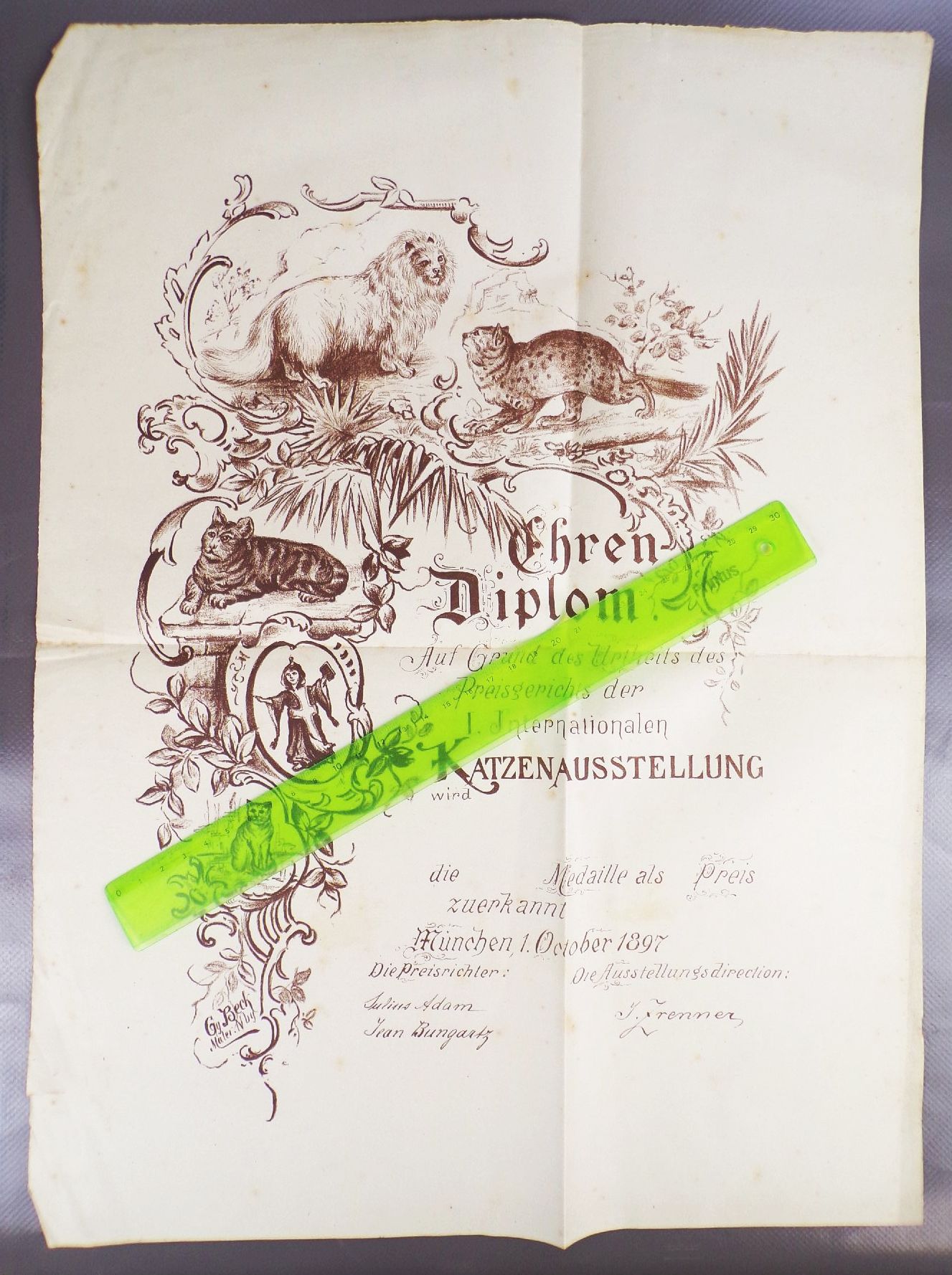 Ehrendiplom Urkunde Katzen Ausstellung München 1897 Ehrendiplom Urkunde Katzen Ausstellung München 1897