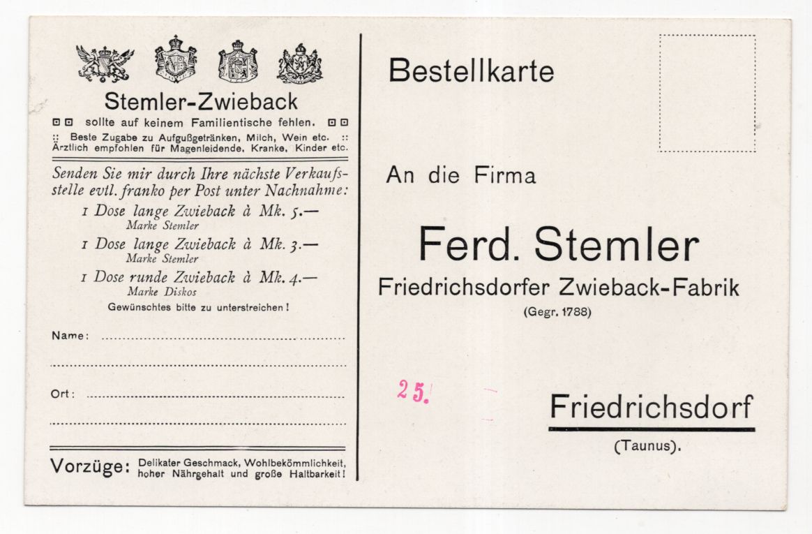 Reklame Ak Stemler Zwieback Friedrichsdorf Taunus Reklame Ak Stemler Zwieback Friedrichsdorf Taunus