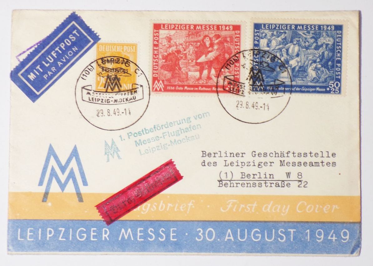 FDC Leipziger Messe 1949 SBZ Ersttagsbrief Luftpost Messe Flughafen Mockau