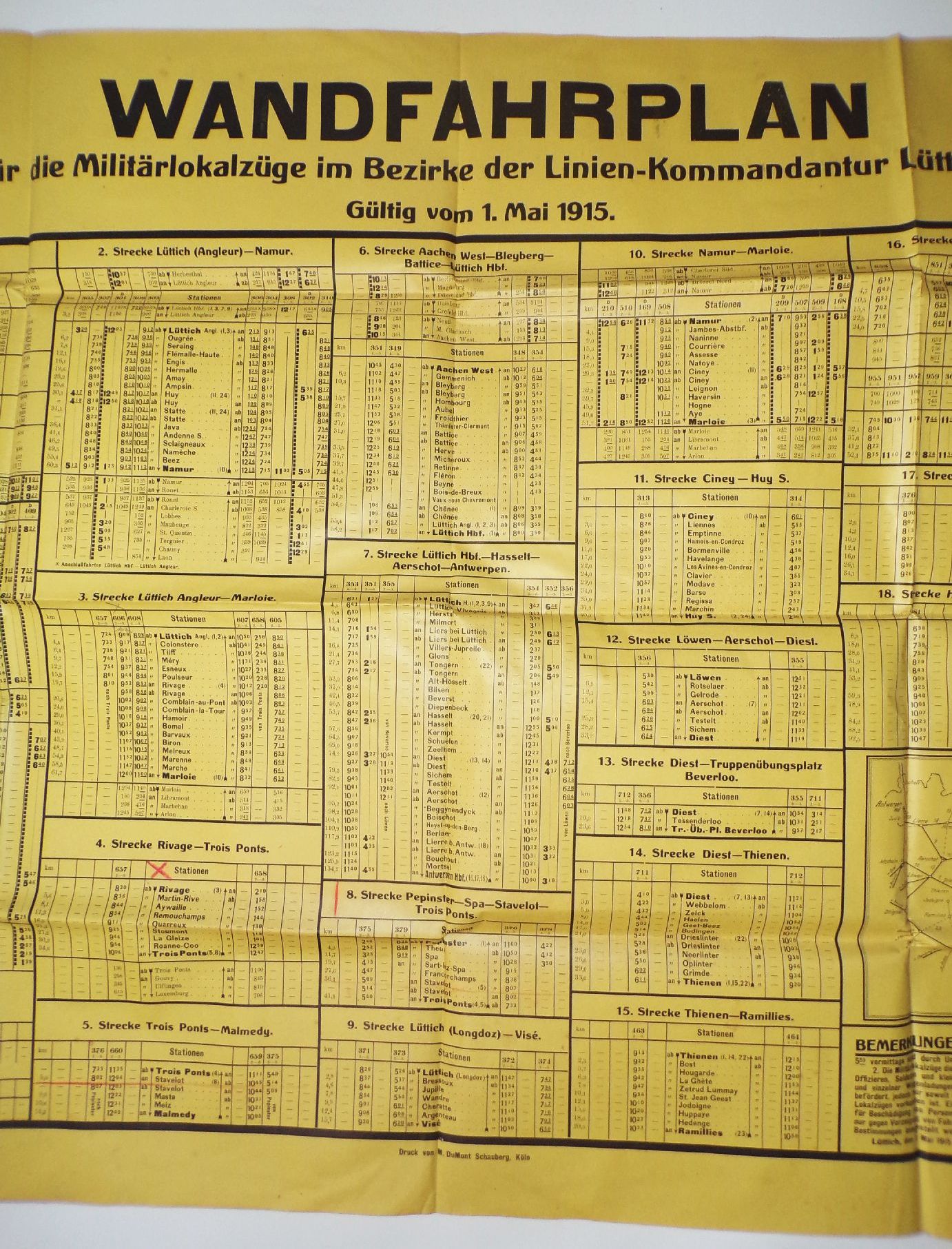 Wand Fahrplan Militärlokalzüge Linien Kommandantur Lüttich 1915 Eisenbahn 