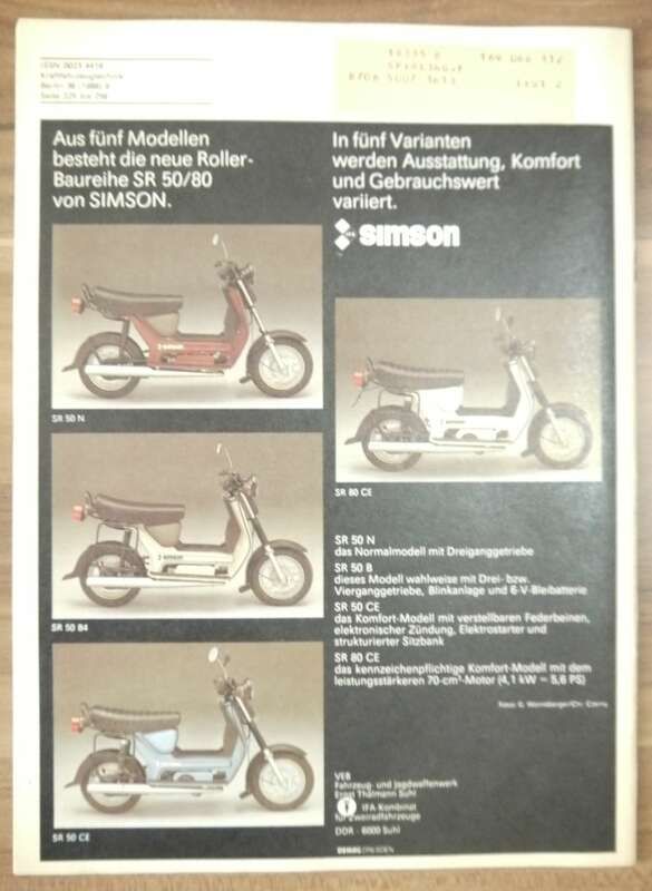 August 1986 KFT SIMSON Roller Baureihe SR 50 80 DDR Zeitschrift VEB Verlag