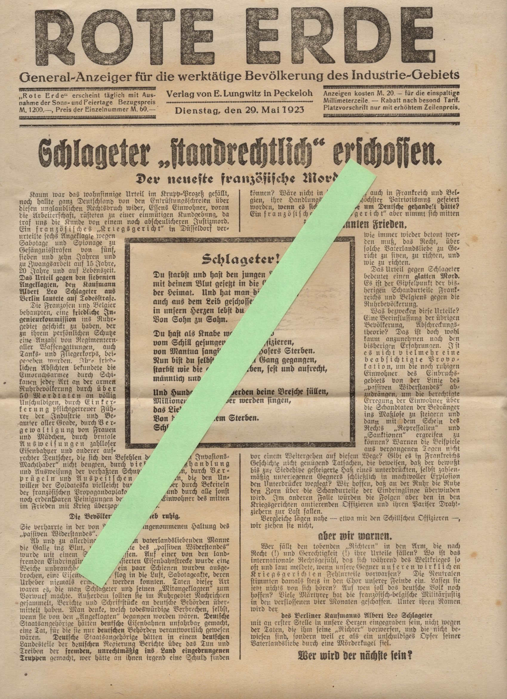 Rote Erde Anzeiger werktätige Bevölkerung des Industriegebiets 1923 Schlageter
