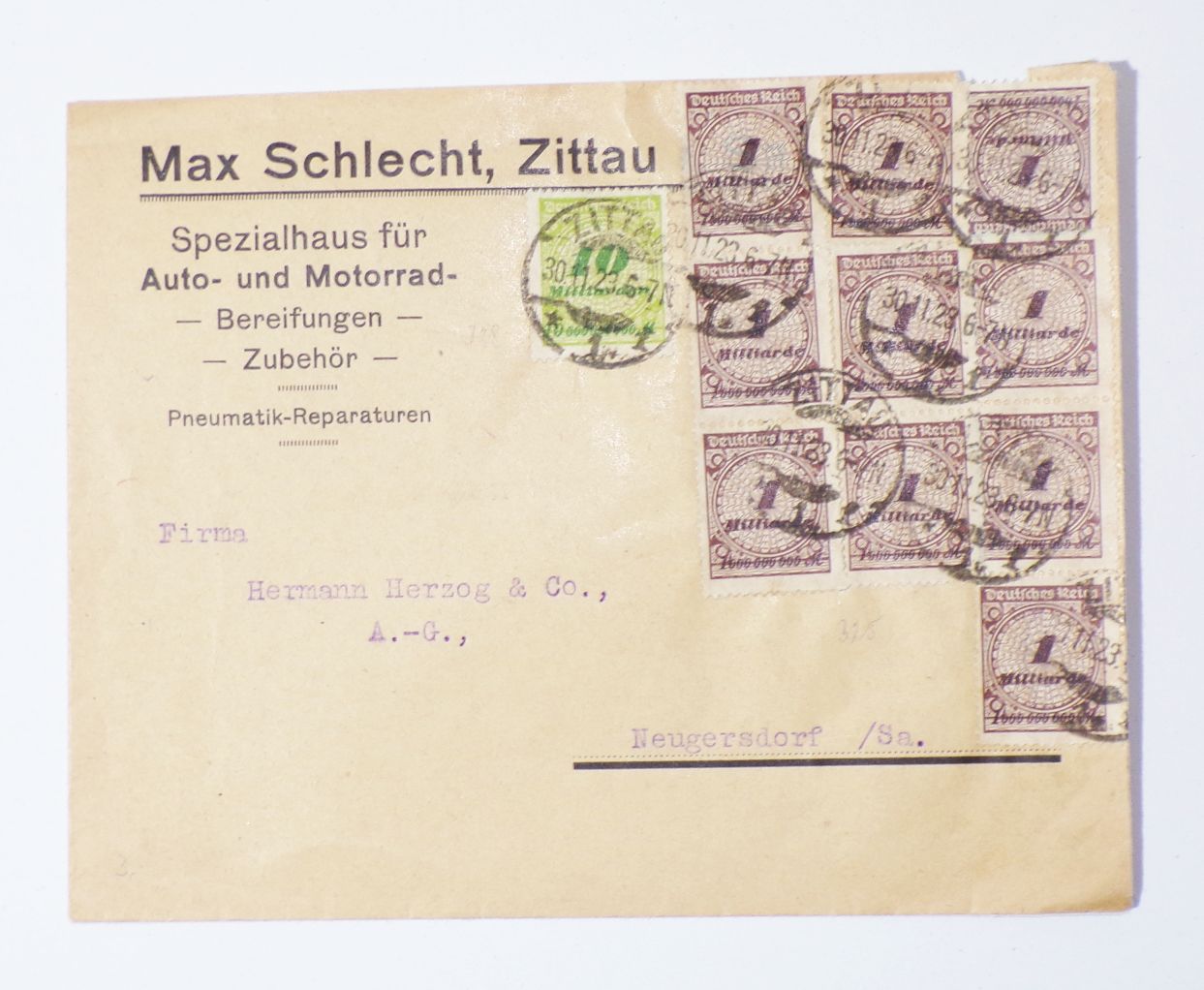 Infla Brief 1923 Max Schlecht Zittau Spezialhaus für Auto Motorrad Bereifung 