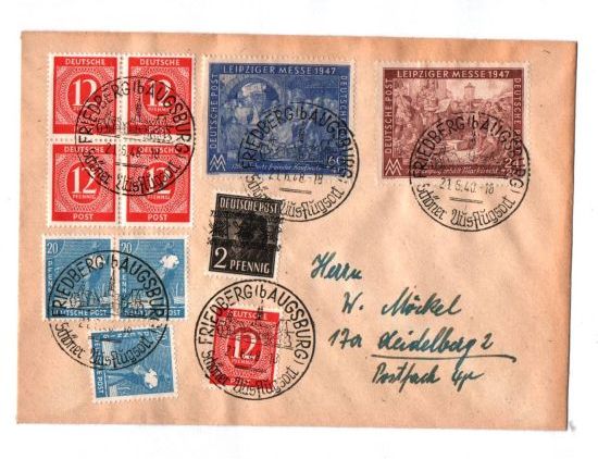 Brief Friedberg bei Augsburg Mischfrankatur Leipziger Messe Posthorn 1948