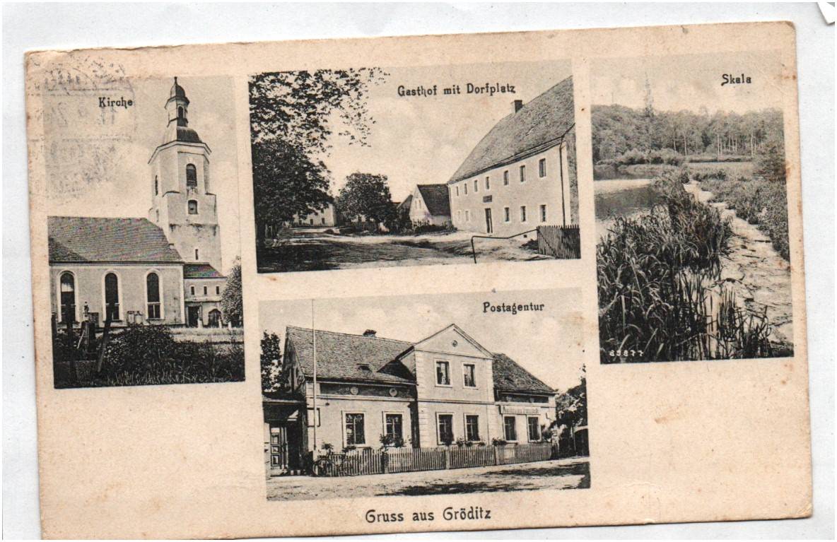 Ak Gruss aus Gröditz Gasthof Kirche Skala Postagentur 1924