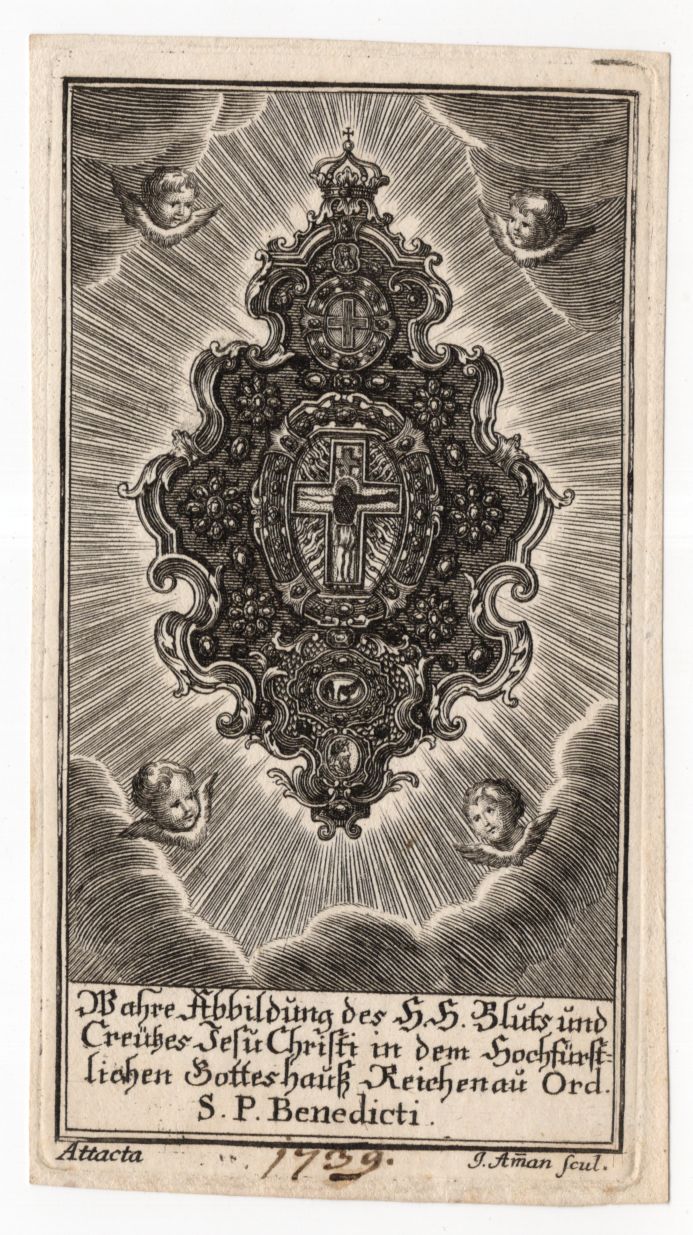 Kupferstich Blut und Kreuz Jesu Christi Reichenau Ord 1739 Attacta Benedicti