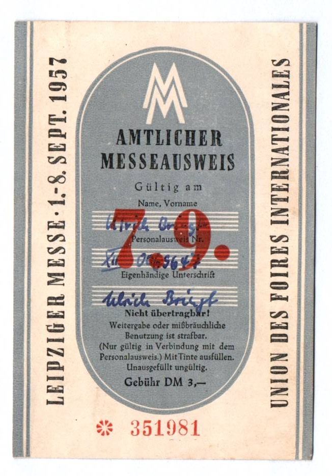 Leipziger Messe Ausweis 1957 Amtlicher Messeausweis