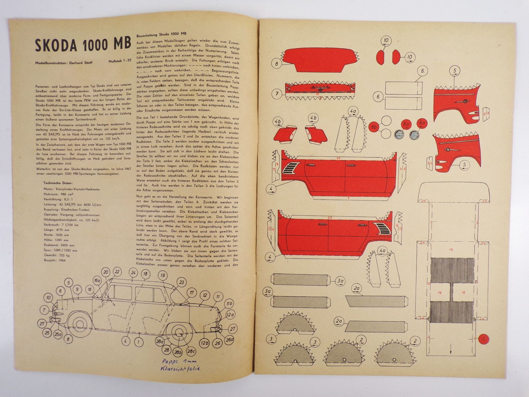 Alter Kranich Modellbogen Skoda 1000 MB 1966 DDR GDR Modellbau