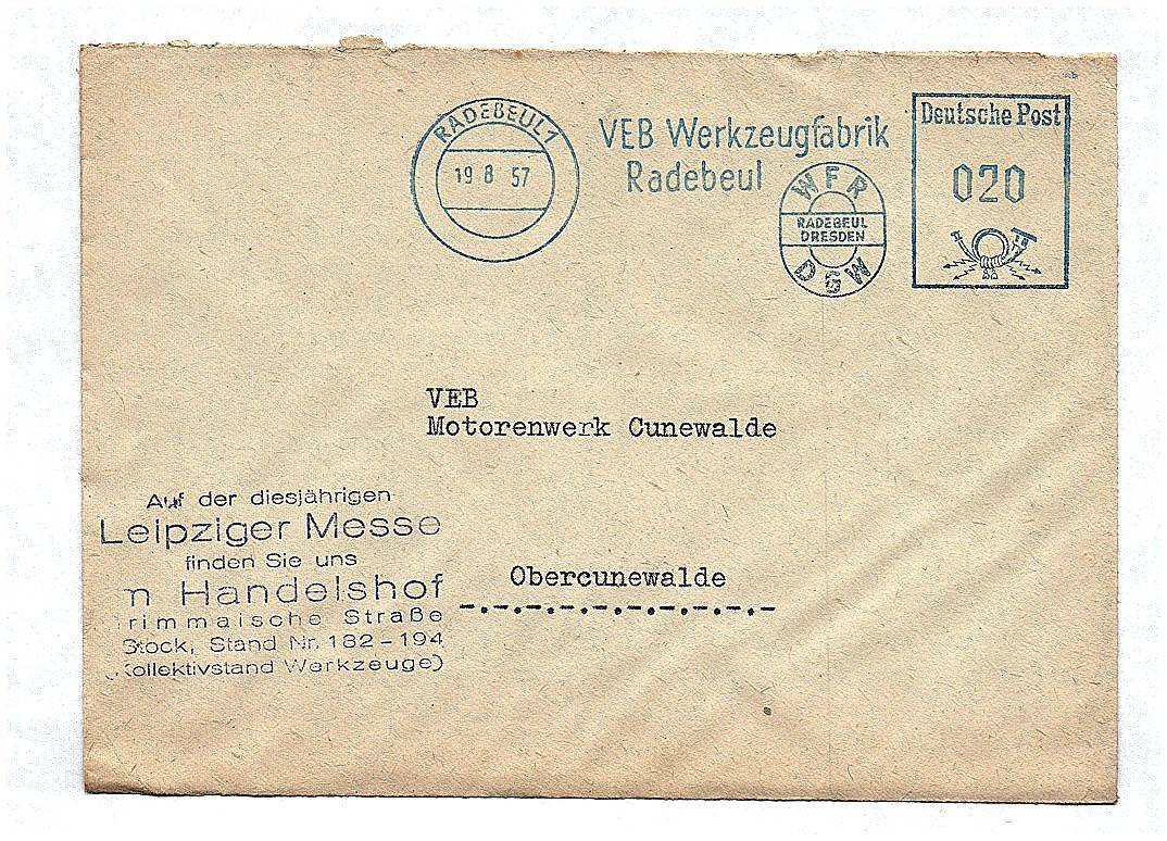 VEB Werkzeugfabrik Radebeul 1957 Briefkuvert DDR