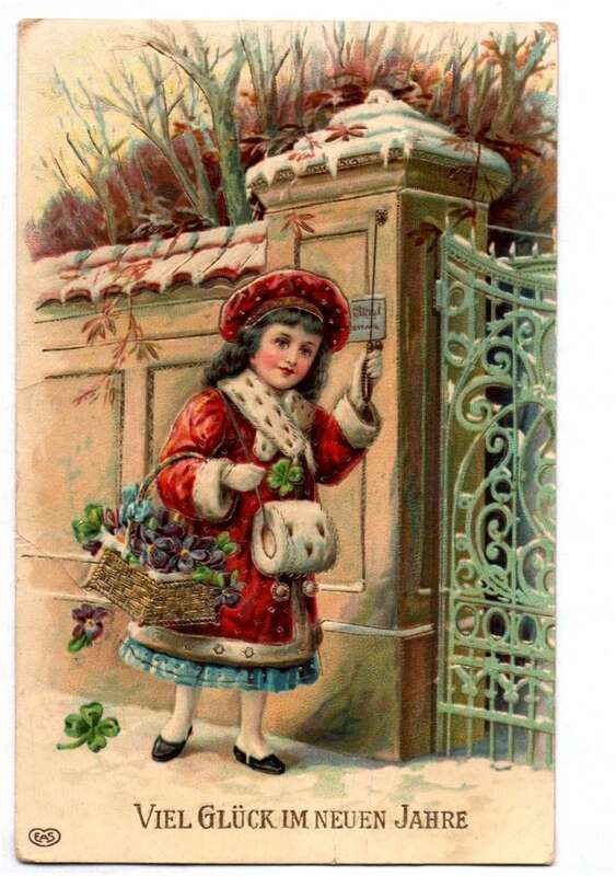Ak Mädchen am Tor gold geprägt Viel Glück im neuen Jahr
