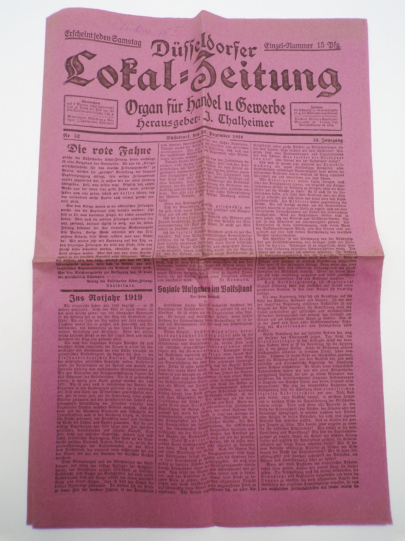 Düsseldorfer Lokal Zeitung Thalheimer 1918 Nummer 52 Die rote Fahne