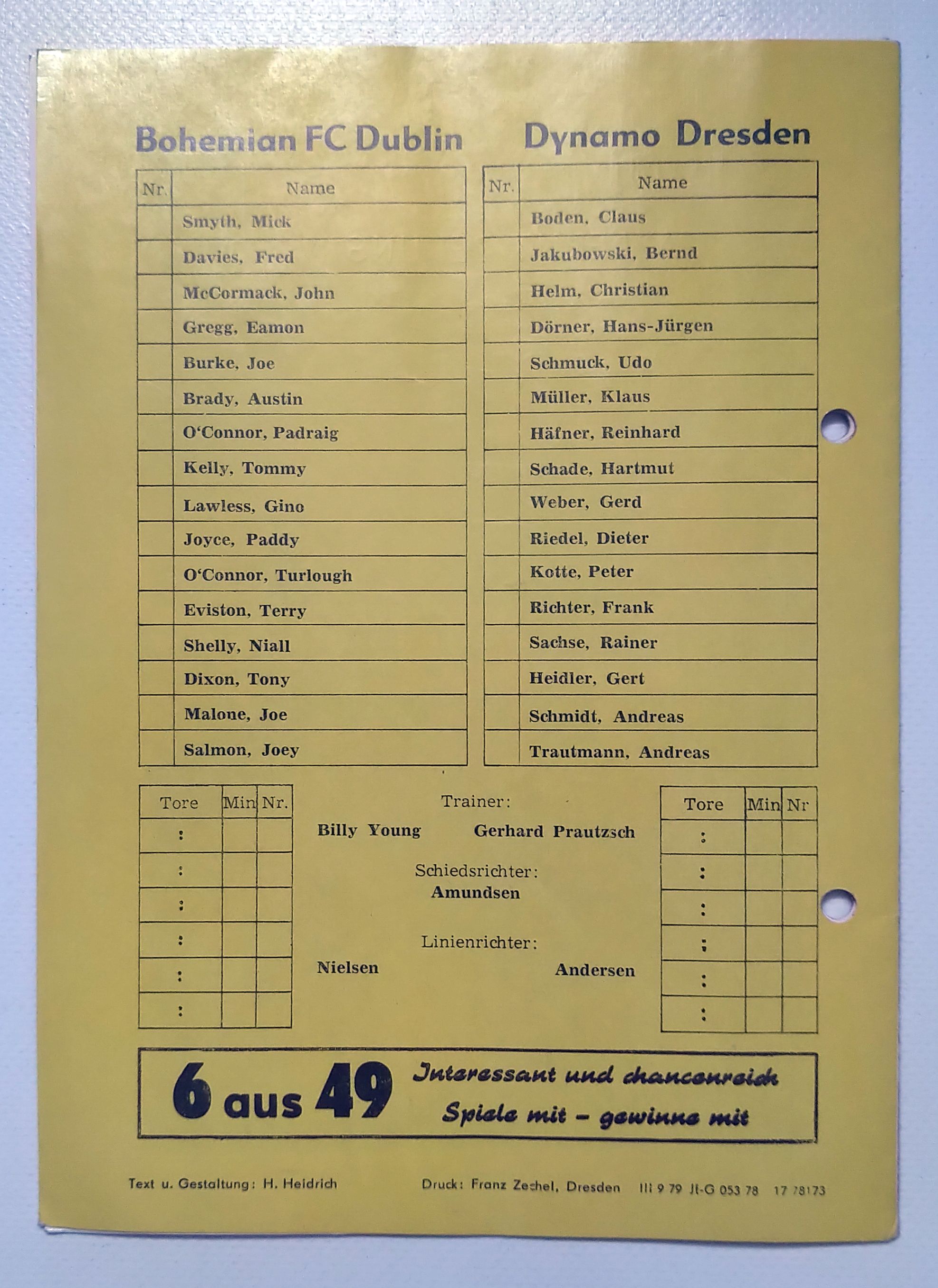 Fußball Programmheft 1978 Bohemian FC Dublin - Dynamo Dresden