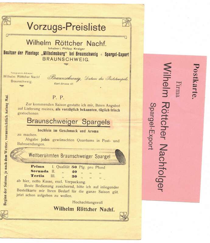 Faltblatt Wilhelm Röttcher Braunschweig Spargel um 1910