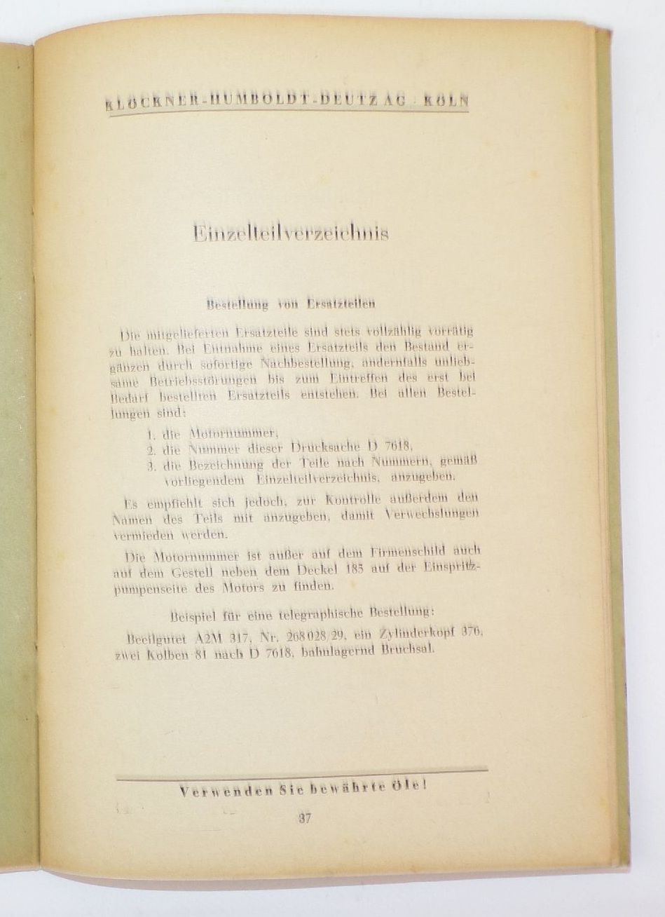Klöckner Humboldt Deutz AG Köln Deutz Dieselmotor Bedienungsanleitung 