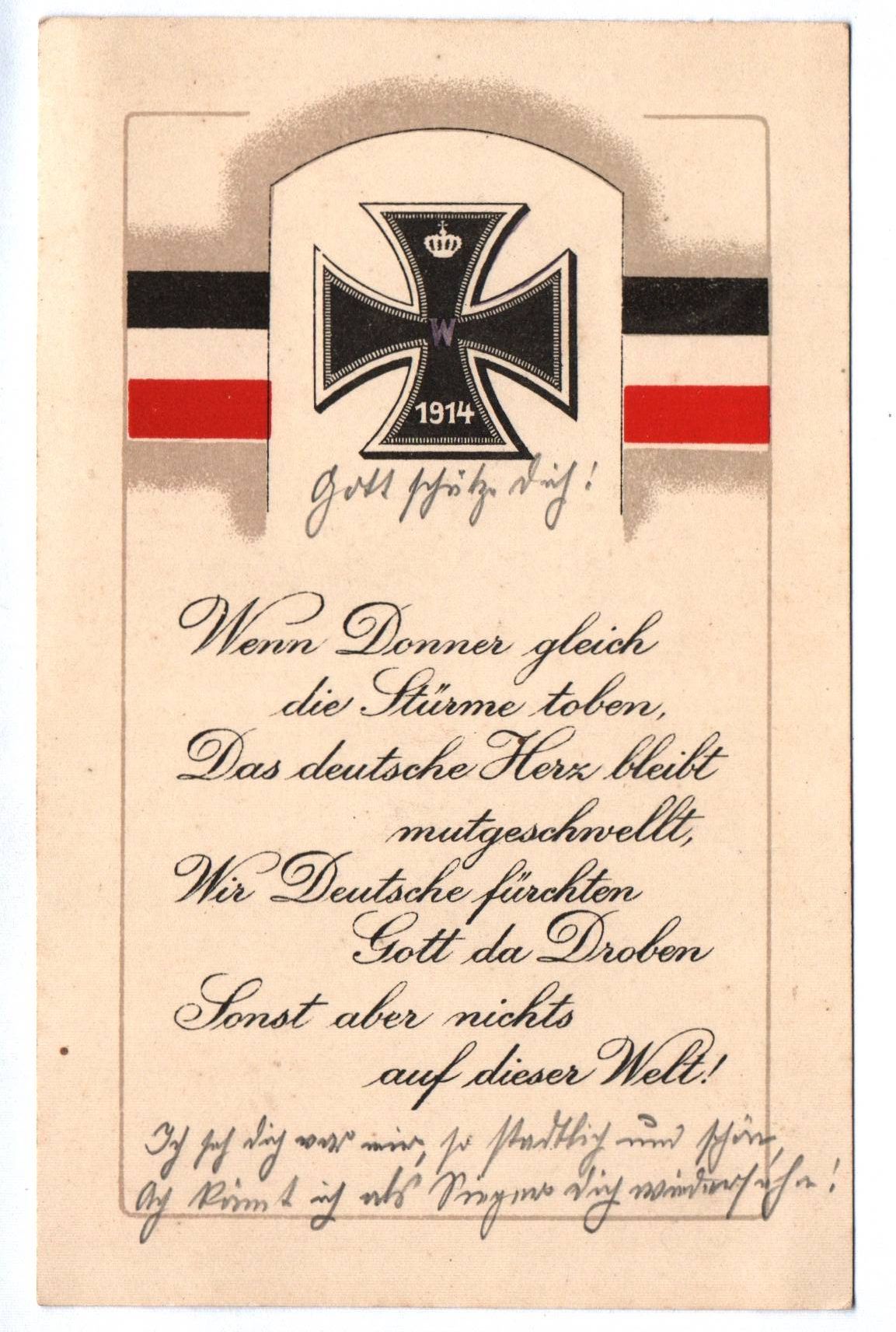 Feldpost 1915 Eisernes Kreuz 1914 Wenn Donner gleich die Stürme toben 1 Wk