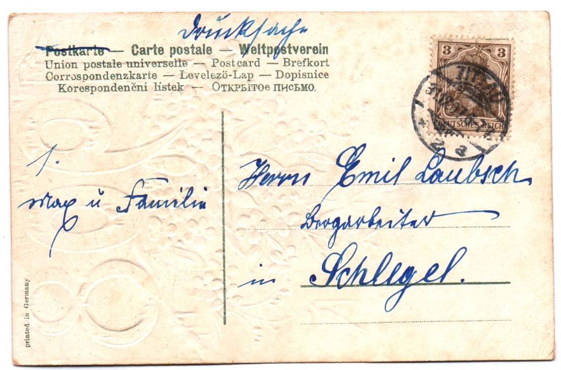 Postkarte 1908 Viel Glück im neuen Jahr 1907 geprägt