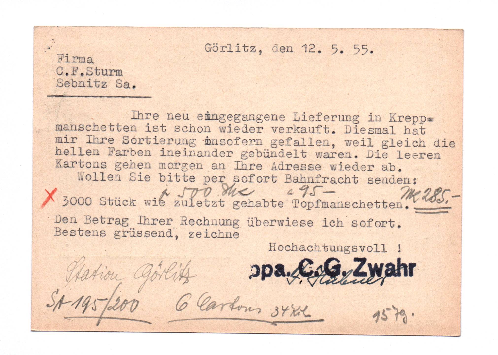 Postkarte Samen Großhandlung für Gartenbau Landwirtschaft 1955 Zwahr Görlitz Postkarte Samen Großhandlung für Gartenbau Landwirtschaft 1955 Zwahr Görlitz