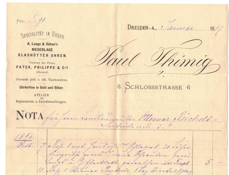 Rechnung Paul Thimig Dresden Lange & Söhne Glashütte Uhren 1897 !