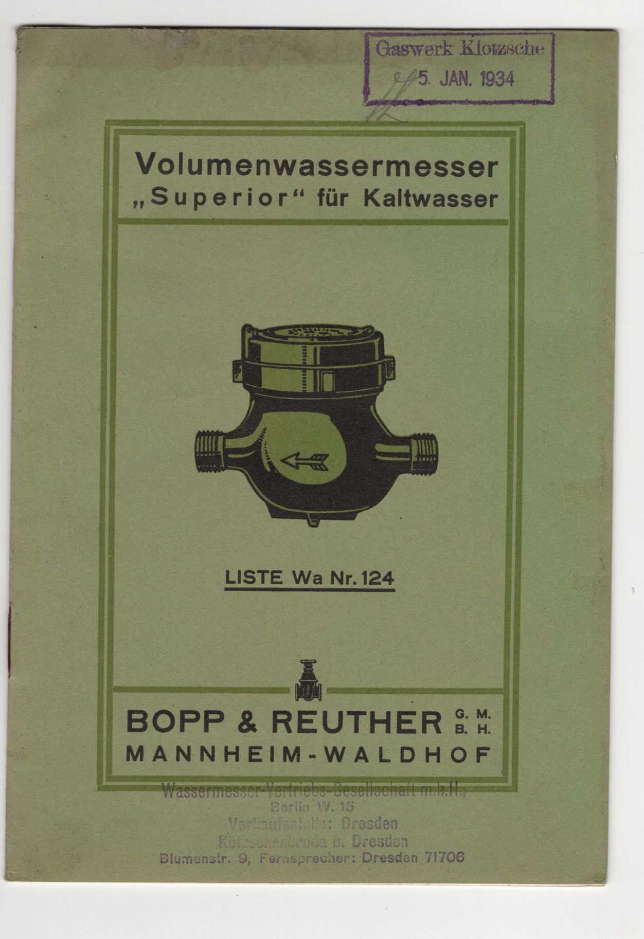 Reklame Wasserzähler Bopp Reuther Mannheim Waldhof um 1930 Reklame Wasserzähler Bopp Reuther Mannheim Waldhof um 1930