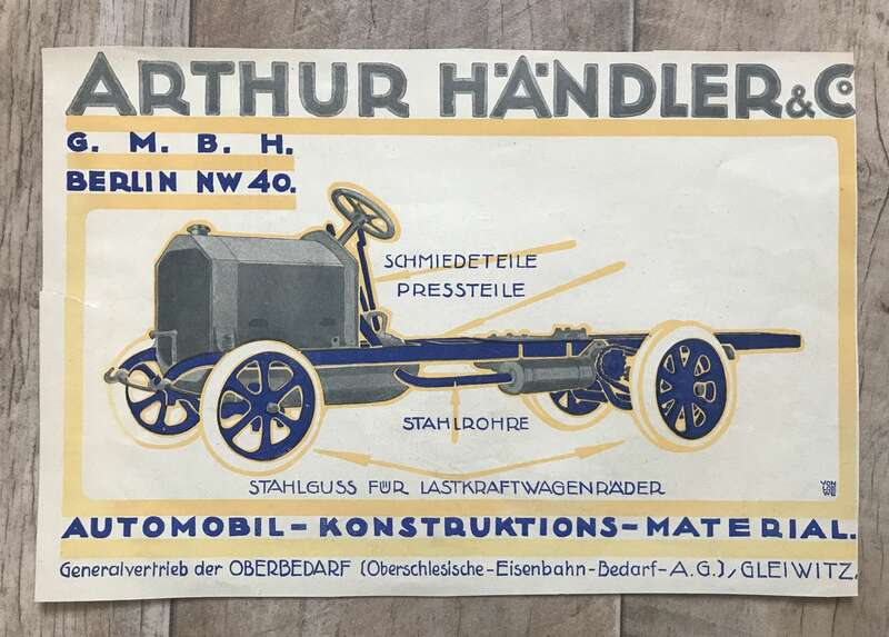 Werbeblatt Arthur Händler GmbH Berlin NW 40 Automobil Material